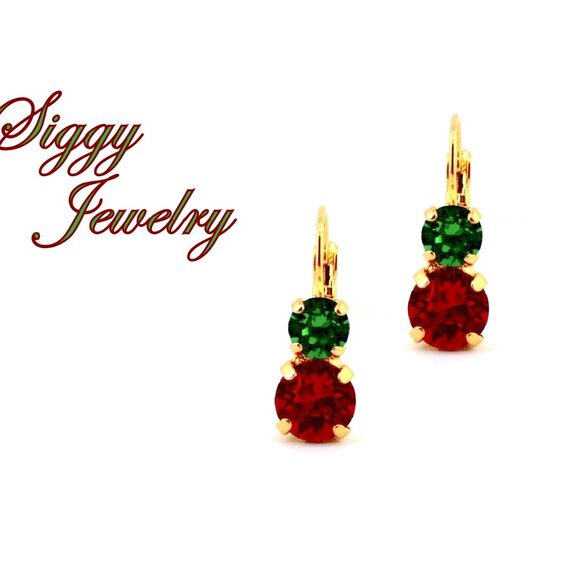 Christmas Austrian Crystal Earrings in Siam Red and Fern Green Pick Your Finish - Picture 1 of 6